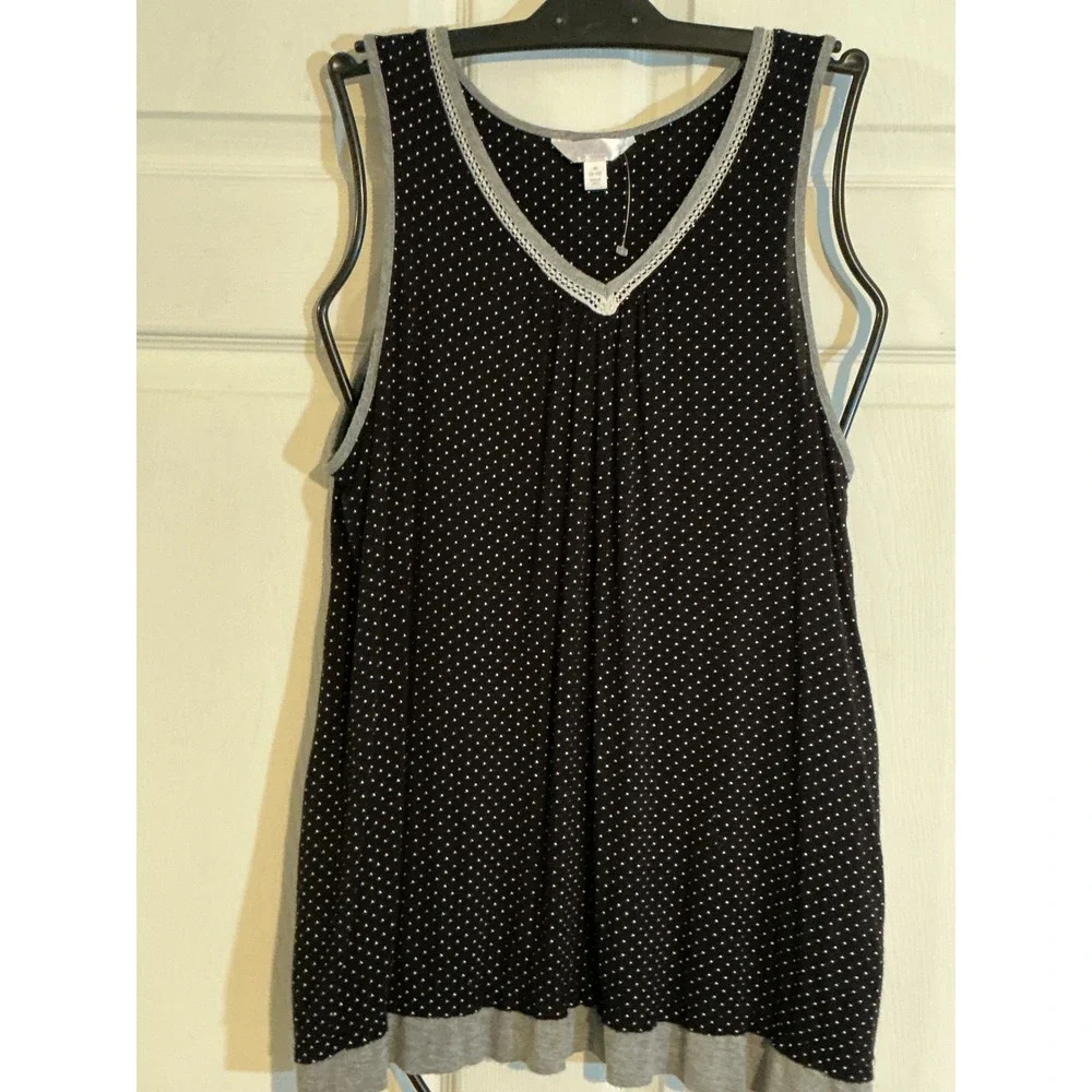 Secret Treasures Sleepwear Tank Black Polka Dot Lace‎ Trim V-Neck Womens M 8-10